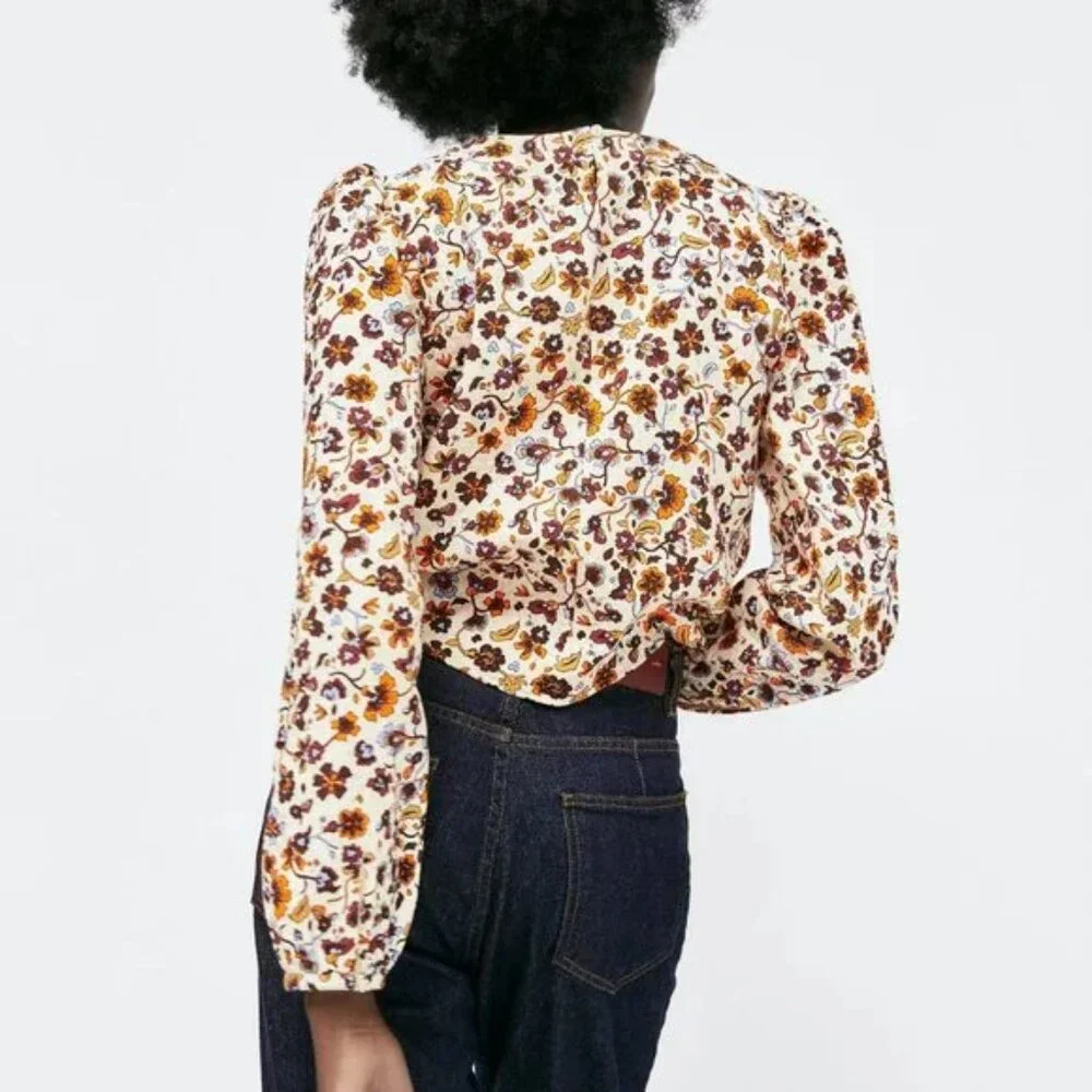 EUC Zara Ecru Floral Print Long, Puff Sleeve Quilted Crop Top